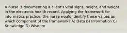 A nurse is documenting a client's vital signs, height, and weight in the electronic health record. Applying the framework for informatics practice, the nurse would identify these values as which component of the framework? A) Data B) Information C) Knowledge D) Wisdom