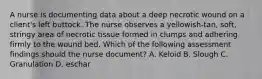 A nurse is documenting data about a deep necrotic wound on a client's left buttock. The nurse observes a yellowish-tan, soft, stringy area of necrotic tissue formed in clumps and adhering firmly to the wound bed. Which of the following assessment findings should the nurse document? A. Keloid B. Slough C. Granulation D. eschar