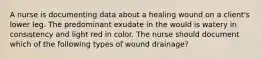 A nurse is documenting data about a healing wound on a client's lower leg. The predominant exudate in the would is watery in consistency and light red in color. The nurse should document which of the following types of wound drainage?