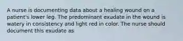 A nurse is documenting data about a healing wound on a patient's lower leg. The predominant exudate in the wound is watery in consistency and light red in color. The nurse should document this exudate as