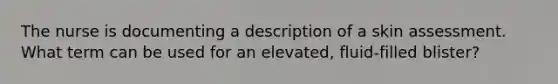 The nurse is documenting a description of a skin assessment. What term can be used for an elevated, fluid-filled blister?