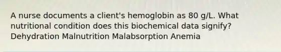 A nurse documents a client's hemoglobin as 80 g/L. What nutritional condition does this biochemical data signify? Dehydration Malnutrition Malabsorption Anemia