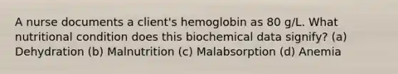 A nurse documents a client's hemoglobin as 80 g/L. What nutritional condition does this biochemical data signify? (a) Dehydration (b) Malnutrition (c) Malabsorption (d) Anemia