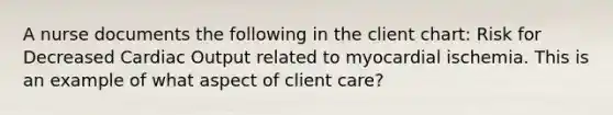 A nurse documents the following in the client chart: Risk for Decreased Cardiac Output related to myocardial ischemia. This is an example of what aspect of client care?