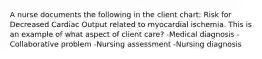 A nurse documents the following in the client chart: Risk for Decreased Cardiac Output related to myocardial ischemia. This is an example of what aspect of client care? -Medical diagnosis -Collaborative problem -Nursing assessment -Nursing diagnosis