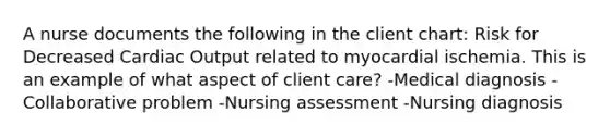 A nurse documents the following in the client chart: Risk for Decreased Cardiac Output related to myocardial ischemia. This is an example of what aspect of client care? -Medical diagnosis -Collaborative problem -Nursing assessment -Nursing diagnosis