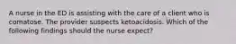 A nurse in the ED is assisting with the care of a client who is comatose. The provider suspects ketoacidosis. Which of the following findings should the nurse expect?