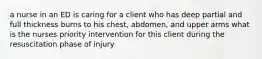 a nurse in an ED is caring for a client who has deep partial and full thickness burns to his chest, abdomen, and upper arms what is the nurses priority intervention for this client during the resuscitation phase of injury