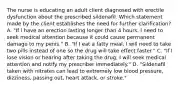 The nurse is educating an adult client diagnosed with erectile dysfunction about the prescribed sildenafil. Which statement made by the client establishes the need for further clarification? A. "If I have an erection lasting longer than 4 hours, I need to seek medical attention because it could cause permanent damage to my penis." B. "If I eat a fatty meal, I will need to take two pills instead of one so the drug will take effect faster." C. "If I lose vision or hearing after taking the drug, I will seek medical attention and notify my prescriber immediately." D. "Sildenafil taken with nitrates can lead to extremely low blood pressure, dizziness, passing out, heart attack, or stroke."