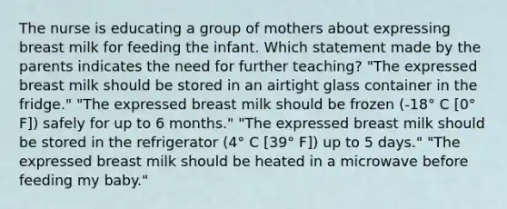 The nurse is educating a group of mothers about expressing breast milk for feeding the infant. Which statement made by the parents indicates the need for further teaching? "The expressed breast milk should be stored in an airtight glass container in the fridge." "The expressed breast milk should be frozen (-18° C [0° F]) safely for up to 6 months." "The expressed breast milk should be stored in the refrigerator (4° C [39° F]) up to 5 days." "The expressed breast milk should be heated in a microwave before feeding my baby."