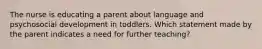 The nurse is educating a parent about language and psychosocial development in toddlers. Which statement made by the parent indicates a need for further teaching?