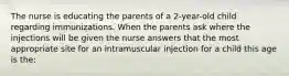 The nurse is educating the parents of a 2-year-old child regarding immunizations. When the parents ask where the injections will be given the nurse answers that the most appropriate site for an intramuscular injection for a child this age is the: