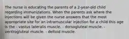 The nurse is educating the parents of a 2-year-old child regarding immunizations. When the parents ask where the injections will be given the nurse answers that the most appropriate site for an intramuscular injection for a child this age is the - vastus lateralis muscle. - dorsogluteal muscle. - ventrogluteal muscle. - deltoid muscle.