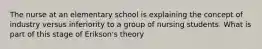 The nurse at an elementary school is explaining the concept of industry versus inferiority to a group of nursing students. What is part of this stage of Erikson's theory