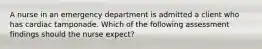 A nurse in an emergency department is admitted a client who has cardiac tamponade. Which of the following assessment findings should the nurse expect?