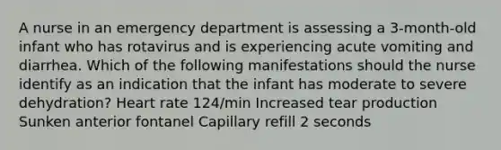 A nurse in an emergency department is assessing a 3-month-old infant who has rotavirus and is experiencing acute vomiting and diarrhea. Which of the following manifestations should the nurse identify as an indication that the infant has moderate to severe dehydration? Heart rate 124/min Increased tear production Sunken anterior fontanel Capillary refill 2 seconds