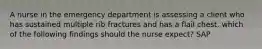 A nurse in the emergency department is assessing a client who has sustained multiple rib fractures and has a flail chest. which of the following findings should the nurse expect? SAP