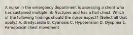 A nurse in the emergency department is assessing a client who has sustained multiple rib fractures and has a flail chest. Which of the following findings should the nurse expect? (Select all that apply.) A. Bradycardia B. Cyanosis C. Hypotension D. Dyspnea E. Paradoxical chest movement