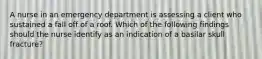 A nurse in an emergency department is assessing a client who sustained a fall off of a roof. Which of the following findings should the nurse identify as an indication of a basilar skull fracture?