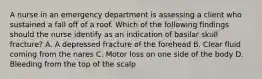 A nurse in an emergency department is assessing a client who sustained a fall off of a roof. Which of the following findings should the nurse identify as an indication of basilar skull fracture? A. A depressed fracture of the forehead B. Clear fluid coming from the nares C. Motor loss on one side of the body D. Bleeding from the top of the scalp