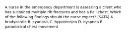 A nurse in the emergency department is assessing a client who has sustained multiple rib fractures and has a flail chest. Which of the following findings should the nurse expect? (SATA) A. bradycardia B. cyanosis C. hypotension D. dyspnea E. paradoxical chest movement