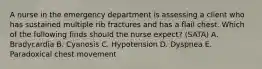 A nurse in the emergency department is assessing a client who has sustained multiple rib fractures and has a flail chest. Which of the following finds should the nurse expect? (SATA) A. Bradycardia B. Cyanosis C. Hypotension D. Dyspnea E. Paradoxical chest movement