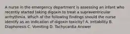 A nurse in the emergency department is assessing an infant who recently started taking digoxin to treat a supraventricular arrhythmia. Which of the following findings should the nurse identify as an indication of digoxin toxicity? A. Irritability B. Diaphoresis C. Vomiting D. Tachycardia Answer