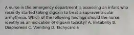 A nurse in the emergency department is assessing an infant who recently started taking digoxin to treat a supraventricular arrhythmia. Which of the following findings should the nurse identify as an indication of digoxin toxicity? A. Irritability B. Diaphoresis C. Vomiting D. Tachycardia