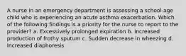 A nurse in an emergency department is assessing a school-age child who is experiencing an acute asthma exacerbation. Which of the following findings is a priority for the nurse to report to the provider? a. Excessively prolonged expiration b. Increased production of frothy sputum c. Sudden decrease in wheezing d. Increased diaphoresis