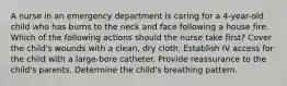 A nurse in an emergency department is caring for a 4-year-old child who has burns to the neck and face following a house fire. Which of the following actions should the nurse take first? Cover the child's wounds with a clean, dry cloth. Establish IV access for the child with a large-bore catheter. Provide reassurance to the child's parents. Determine the child's breathing pattern.