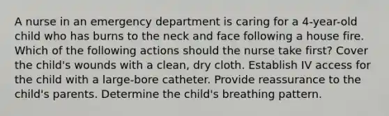 A nurse in an emergency department is caring for a 4-year-old child who has burns to the neck and face following a house fire. Which of the following actions should the nurse take first? Cover the child's wounds with a clean, dry cloth. Establish IV access for the child with a large-bore catheter. Provide reassurance to the child's parents. Determine the child's breathing pattern.