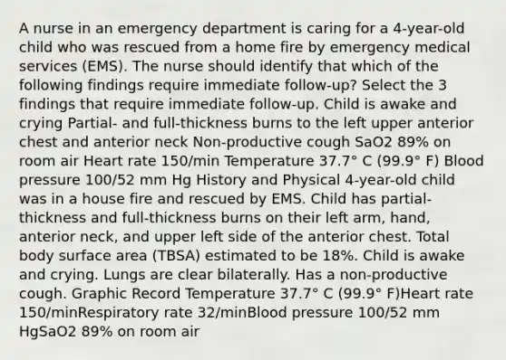 A nurse in an emergency department is caring for a 4-year-old child who was rescued from a home fire by emergency medical services (EMS). The nurse should identify that which of the following findings require immediate follow-up? Select the 3 findings that require immediate follow-up. Child is awake and crying Partial- and full-thickness burns to the left upper anterior chest and anterior neck Non-productive cough SaO2 89% on room air Heart rate 150/min Temperature 37.7° C (99.9° F) <a href='https://www.questionai.com/knowledge/kD0HacyPBr-blood-pressure' class='anchor-knowledge'>blood pressure</a> 100/52 mm Hg History and Physical 4-year-old child was in a house fire and rescued by EMS. Child has partial-thickness and full-thickness burns on their left arm, hand, anterior neck, and upper left side of the anterior chest. Total body <a href='https://www.questionai.com/knowledge/kEtsSAPENL-surface-area' class='anchor-knowledge'>surface area</a> (TBSA) estimated to be 18%. Child is awake and crying. Lungs are clear bilaterally. Has a non-productive cough. Graphic Record Temperature 37.7° C (99.9° F)Heart rate 150/minRespiratory rate 32/minBlood pressure 100/52 mm HgSaO2 89% on room air