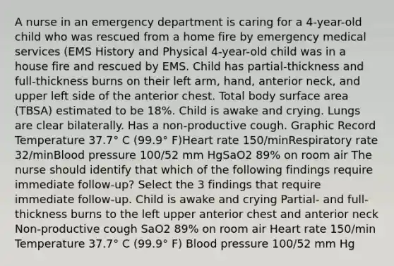 A nurse in an emergency department is caring for a 4-year-old child who was rescued from a home fire by emergency medical services (EMS History and Physical 4-year-old child was in a house fire and rescued by EMS. Child has partial-thickness and full-thickness burns on their left arm, hand, anterior neck, and upper left side of the anterior chest. Total body surface area (TBSA) estimated to be 18%. Child is awake and crying. Lungs are clear bilaterally. Has a non-productive cough. Graphic Record Temperature 37.7° C (99.9° F)Heart rate 150/minRespiratory rate 32/minBlood pressure 100/52 mm HgSaO2 89% on room air The nurse should identify that which of the following findings require immediate follow-up? Select the 3 findings that require immediate follow-up. Child is awake and crying Partial- and full-thickness burns to the left upper anterior chest and anterior neck Non-productive cough SaO2 89% on room air Heart rate 150/min Temperature 37.7° C (99.9° F) Blood pressure 100/52 mm Hg