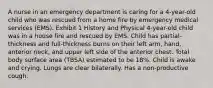 A nurse in an emergency department is caring for a 4-year-old child who was rescued from a home fire by emergency medical services (EMS). Exhibit 1 History and Physical 4-year-old child was in a house fire and rescued by EMS. Child has partial-thickness and full-thickness burns on their left arm, hand, anterior neck, and upper left side of the anterior chest. Total body surface area (TBSA) estimated to be 18%. Child is awake and crying. Lungs are clear bilaterally. Has a non-productive cough.​