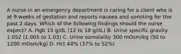 A nurse in an emergency department is caring for a client who is at 9 weeks of gestation and reports nausea and vomiting for the past 2 days. Which of the following findings should the nurse expect? A. Hgb 15 g/dL (12 to 18 g/dL) B. Urine specific gravity 1.052 (1.005 to 1.03) C. Urine osmolality 300 mOsm/kg (50 to 1200 mOsm/kg) D. Hct 44% (37% to 52%)