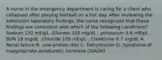 A nurse in the emergency department is caring for a client who collapsed after playing football on a hot day. After reviewing the admission laboratory findings, the nurse recognizes that these findings are consistent with which of the following conditions? Sodium 152 mEq/L ,Glucose 102 mg/dL , potassium 3.6 mEq/L , BUN 18 mg/dL ,Chloride 105 mEq/L , Creatinine 0.7 mg/dL A. Renal failure B. Low-protein diet C. Dehydration D. Syndrome of inappropriate antidiuretic hormone (SIADH)