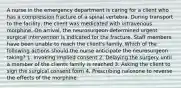 A nurse in the emergency department is caring for a client who has a compression fracture of a spinal vertebra. During transport to the facility, the client was medicated with intravenous morphine. On arrival, the neurosurgeon determined urgent surgical intervention is indicated for the fracture. Staff members have been unable to reach the client's family. Which of the following actions should the nurse anticipate the neurosurgeon taking? 1. Invoking implied consent 2. Delaying the surgery until a member of the clients family is reached 3. Asking the client to sign the surgical consent form 4. Prescribing naloxone to reverse the effects of the morphine