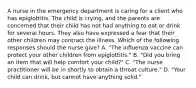 A nurse in the emergency department is caring for a client who has epiglottitis. The child is crying, and the parents are concerned that their child has not had anything to eat or drink for several hours. They also have expressed a fear that their other children may contract the illness. Which of the following responses should the nurse give? A. "The influenza vaccine can protect your other children from epiglottitis." B. "Did you bring an item that will help comfort your child?" C. "The nurse practitioner will be in shortly to obtain a throat culture." D. "Your child can drink, but cannot have anything solid."