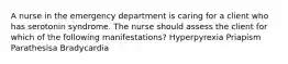 A nurse in the emergency department is caring for a client who has serotonin syndrome. The nurse should assess the client for which of the following manifestations? Hyperpyrexia Priapism Parathesisa Bradycardia