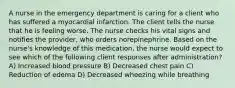 A nurse in the emergency department is caring for a client who has suffered a myocardial infarction. The client tells the nurse that he is feeling worse. The nurse checks his vital signs and notifies the provider, who orders norepinephrine. Based on the nurse's knowledge of this medication, the nurse would expect to see which of the following client responses after administration? A) Increased blood pressure B) Decreased chest pain C) Reduction of edema D) Decreased wheezing while breathing