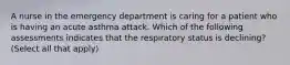 A nurse in the emergency department is caring for a patient who is having an acute asthma attack. Which of the following assessments indicates that the respiratory status is declining? (Select all that apply)