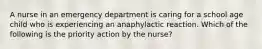 A nurse in an emergency department is caring for a school age child who is experiencing an anaphylactic reaction. Which of the following is the priority action by the nurse?