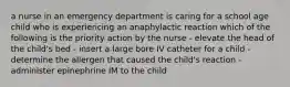 a nurse in an emergency department is caring for a school age child who is experiencing an anaphylactic reaction which of the following is the priority action by the nurse - elevate the head of the child's bed - insert a large bore IV catheter for a child - determine the allergen that caused the child's reaction - administer epinephrine IM to the child