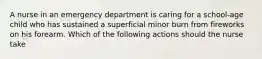 A nurse in an emergency department is caring for a school-age child who has sustained a superficial minor burn from fireworks on his forearm. Which of the following actions should the nurse take