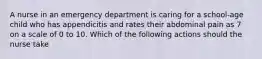 A nurse in an emergency department is caring for a school-age child who has appendicitis and rates their abdominal pain as 7 on a scale of 0 to 10. Which of the following actions should the nurse take