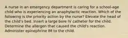 A nurse in an emergency department is caring for a school-age child who is experiencing an anaphylactic reaction. Which of the following is the priority action by the nurse? Elevate the head of the child's bed. Insert a large bore IV catheter for the child. Determine the allergen that caused the child's reaction. Administer epinephrine IM to the child.