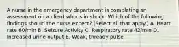 A nurse in the emergency department is completing an assessment on a client who is in shock. Which of the following findings should the nurse expect? (Select all that apply.) A. Heart rate 60/min B. Seizure Activity C. Respiratory rate 42/min D. Increased urine output E. Weak, thready pulse