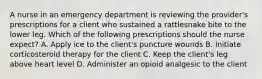 A nurse in an emergency department is reviewing the provider's prescriptions for a client who sustained a rattlesnake bite to the lower leg. Which of the following prescriptions should the nurse expect? A. Apply ice to the client's puncture wounds B. Initiate corticosteroid therapy for the client C. Keep the client's leg above heart level D. Administer an opioid analgesic to the client