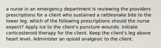 a nurse in an emergency department is reviewing the providers prescriptions for a client who sustained a rattlesnake bite to the lower leg. which of the following prescriptions should the nurse expect? Apply ice to the client's puncture wounds. Initiate corticosteroid therapy for the client. Keep the client's leg above heart level. Administer an opioid analgesic to the client.