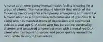 A nurse at an emergency mental health facility is caring for a group of clients. The nurse should identify that which of the following clients requires a temporary emergency admission? A. A client who has schizophrenia with delusions of grandeur B. A client who has manifestations of depression and attempted suicide a year ago C. A client who has borderline personality disorder and assaulted a homeless man with a metal rod D. A client who has bipolar disorder and paces quickly around the room while talking to themselves